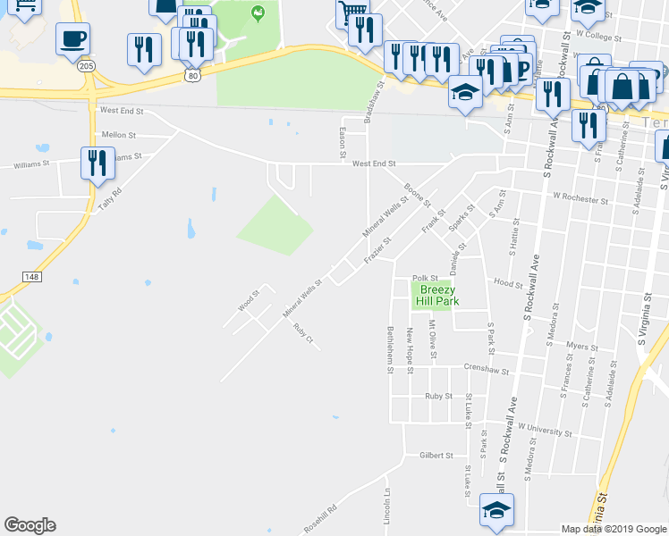 map of restaurants, bars, coffee shops, grocery stores, and more near 714 Mineral Wells Street in Terrell