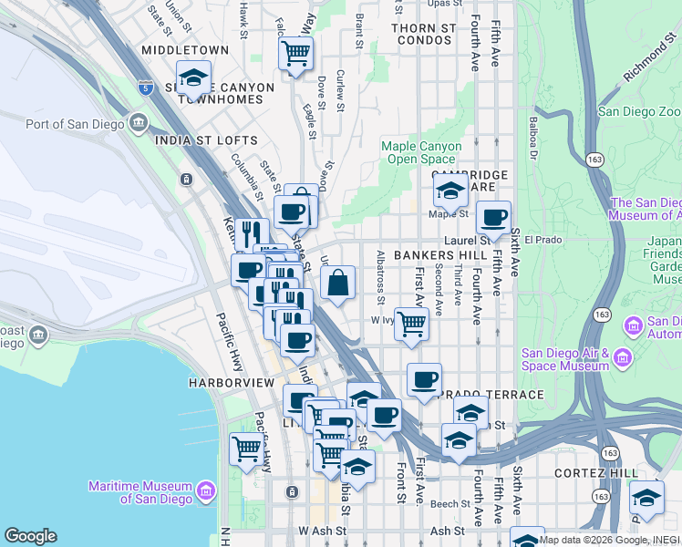 map of restaurants, bars, coffee shops, grocery stores, and more near 2345 Union Street in San Diego