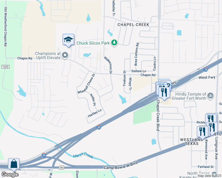 map of restaurants, bars, coffee shops, grocery stores, and more near 3016 Wakecrest Drive in Fort Worth