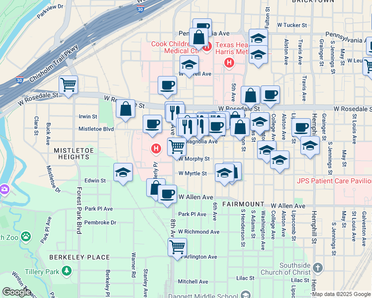 map of restaurants, bars, coffee shops, grocery stores, and more near 1315 Hurley Avenue in Fort Worth