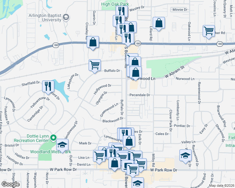 map of restaurants, bars, coffee shops, grocery stores, and more near 2600 Olympia Drive in Arlington