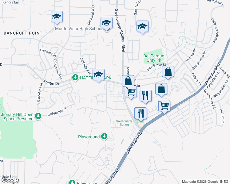 map of restaurants, bars, coffee shops, grocery stores, and more near 10129 Hercules Way in Spring Valley