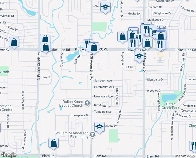map of restaurants, bars, coffee shops, grocery stores, and more near 1064 North Saint Augustine Drive in Dallas