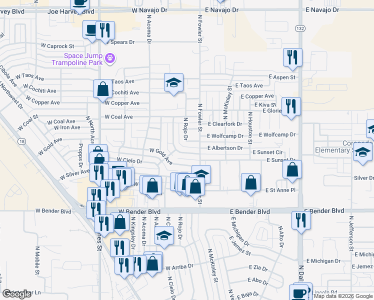 map of restaurants, bars, coffee shops, grocery stores, and more near 116 W Albertson Dr in Hobbs