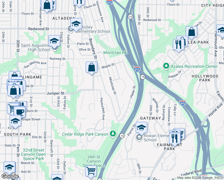 map of restaurants, bars, coffee shops, grocery stores, and more near 2324 Montclair Street in San Diego