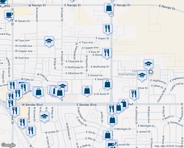 map of restaurants, bars, coffee shops, grocery stores, and more near 602 East Sunset Circle in Hobbs
