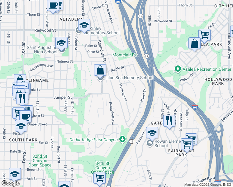 map of restaurants, bars, coffee shops, grocery stores, and more near 2327 Boundary Street in San Diego
