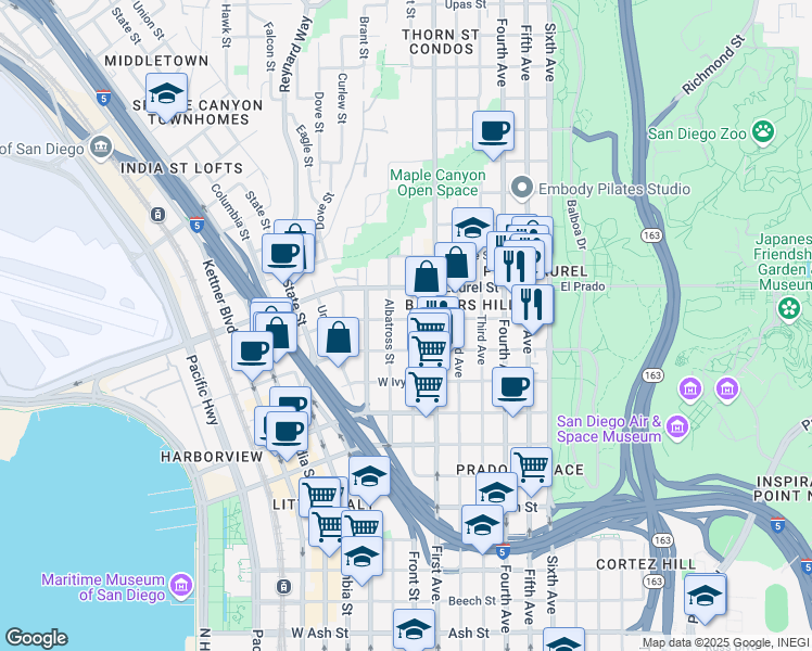 map of restaurants, bars, coffee shops, grocery stores, and more near 2366 Front Street in San Diego