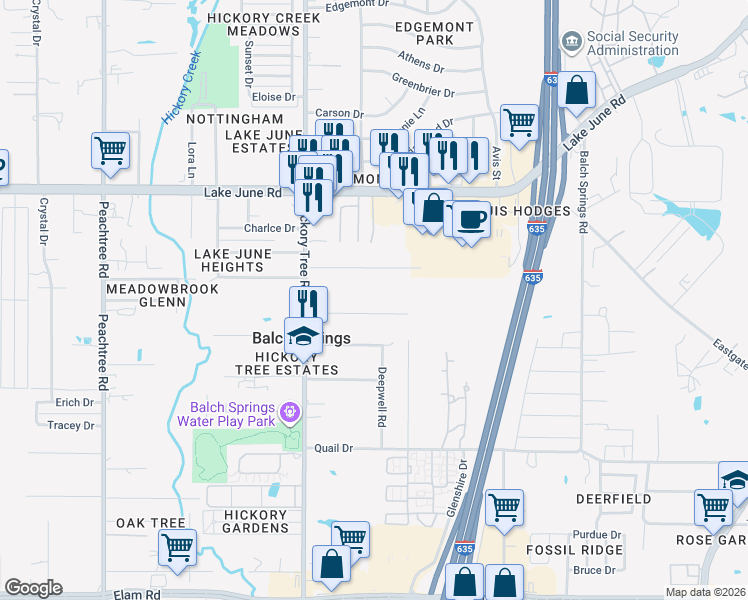 map of restaurants, bars, coffee shops, grocery stores, and more near 12025 Hayes Lane in Balch Springs