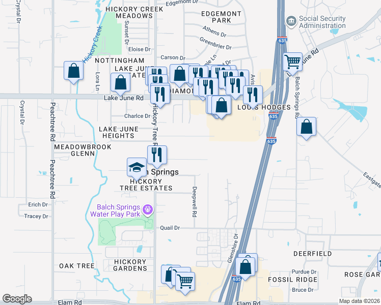 map of restaurants, bars, coffee shops, grocery stores, and more near 12025 Hayes Lane in Balch Springs