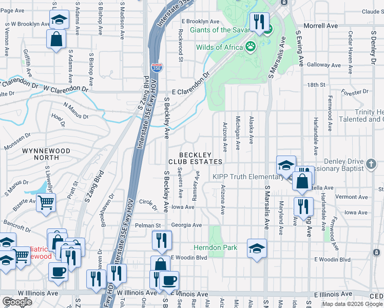 map of restaurants, bars, coffee shops, grocery stores, and more near 1419 Ramsey Avenue in Dallas