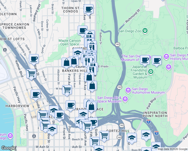 map of restaurants, bars, coffee shops, grocery stores, and more near 2350 Sixth Avenue in San Diego
