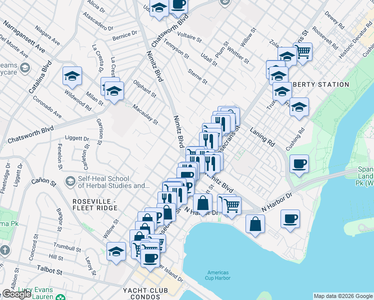 map of restaurants, bars, coffee shops, grocery stores, and more near 3219 Lowell Street in San Diego