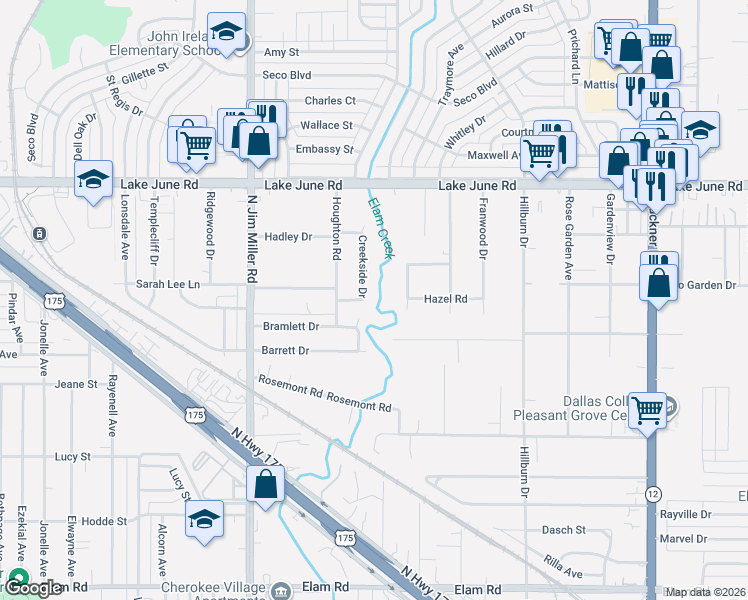 map of restaurants, bars, coffee shops, grocery stores, and more near 1032 Creekside Drive in Dallas
