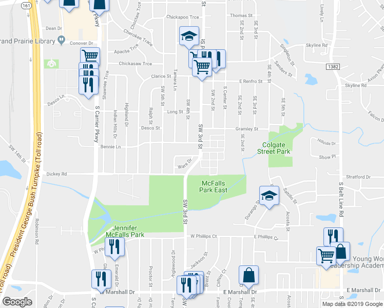 map of restaurants, bars, coffee shops, grocery stores, and more near 1200 Southwest 3rd Street in Grand Prairie