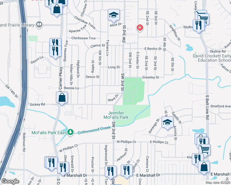 map of restaurants, bars, coffee shops, grocery stores, and more near 1200 Southwest 3rd Street in Grand Prairie