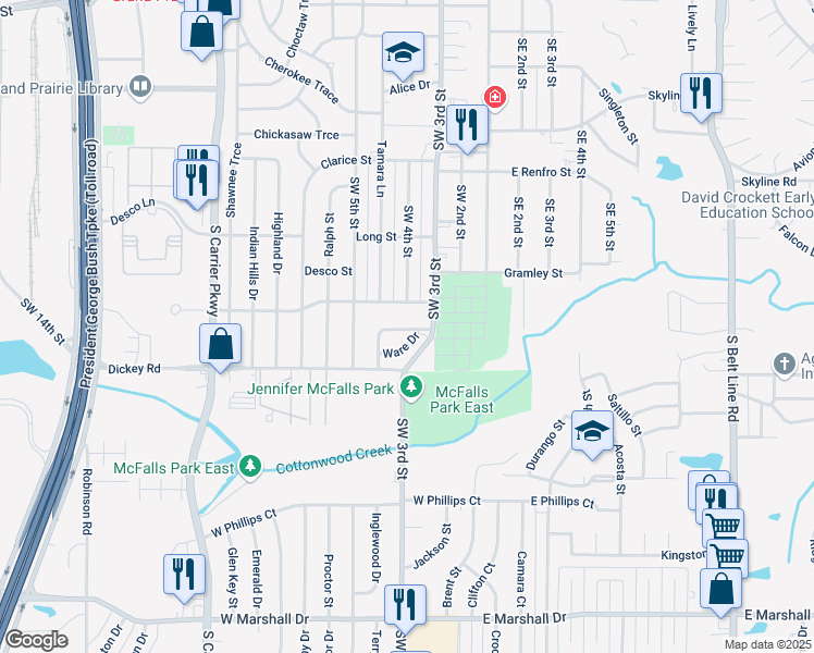 map of restaurants, bars, coffee shops, grocery stores, and more near 1200 Southwest 3rd Street in Grand Prairie