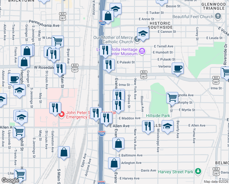 map of restaurants, bars, coffee shops, grocery stores, and more near 1306 Evans Avenue in Fort Worth