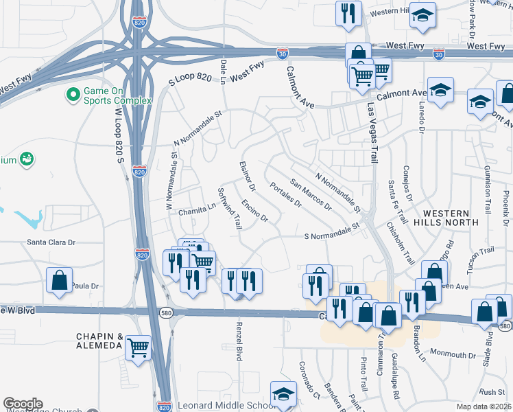 map of restaurants, bars, coffee shops, grocery stores, and more near 2928 Encino Drive in Fort Worth