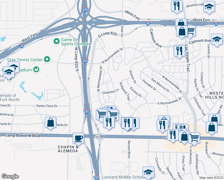 map of restaurants, bars, coffee shops, grocery stores, and more near 9101 Saddlehorn Drive in Fort Worth