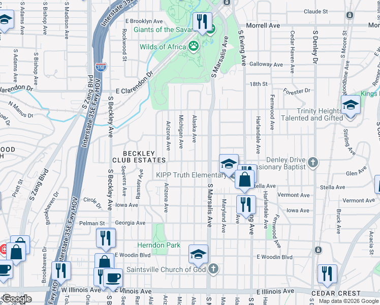 map of restaurants, bars, coffee shops, grocery stores, and more near 1435 Alaska Avenue in Dallas