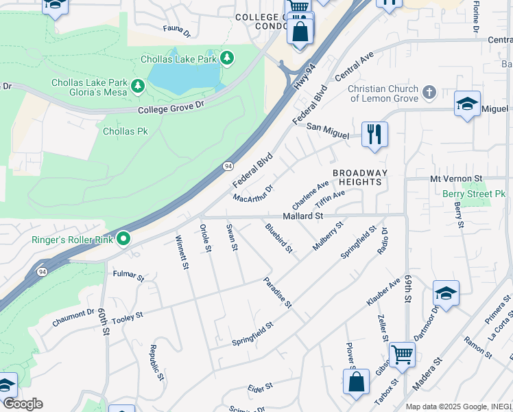 map of restaurants, bars, coffee shops, grocery stores, and more near 6522 Mallard Street in San Diego