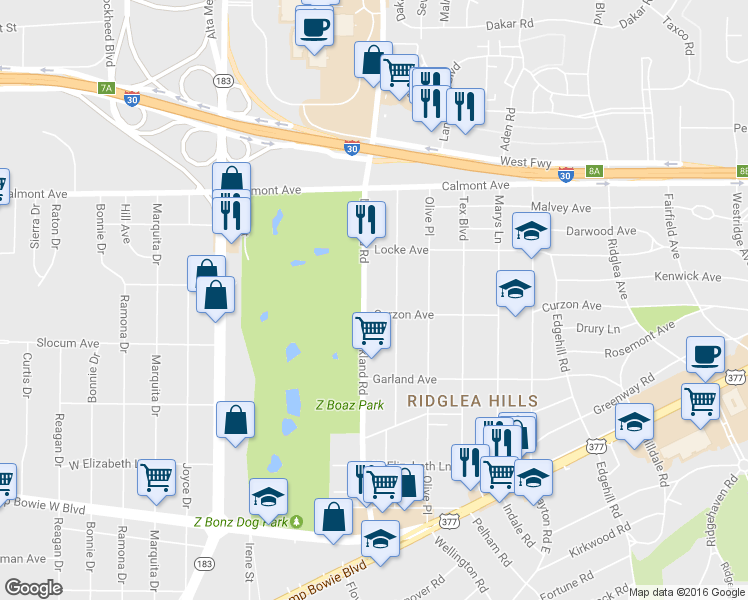 map of restaurants, bars, coffee shops, grocery stores, and more near 3041 Lackland Road in Fort Worth