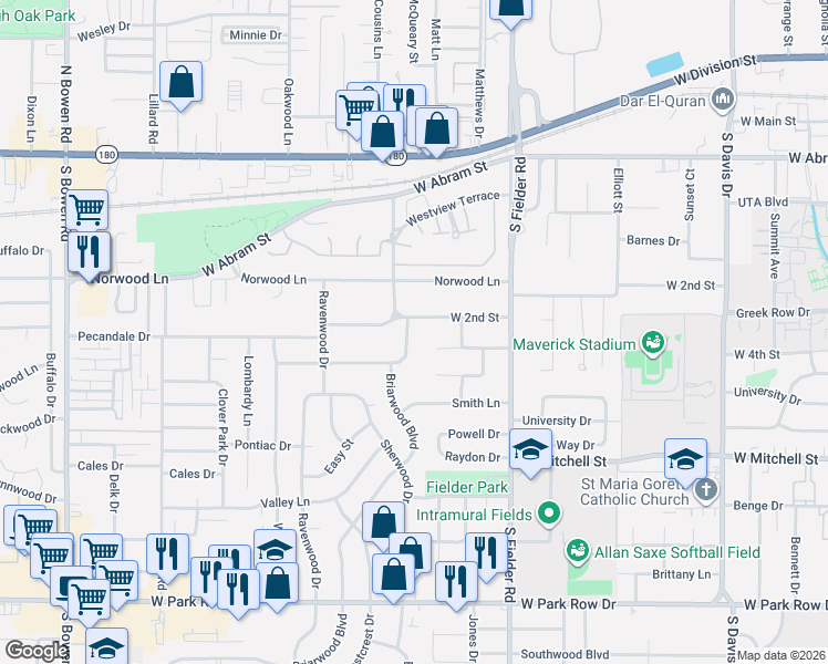 map of restaurants, bars, coffee shops, grocery stores, and more near 605 Westview Terrace in Arlington