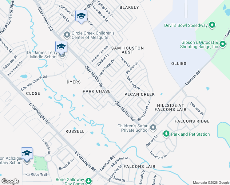map of restaurants, bars, coffee shops, grocery stores, and more near 2129 Acorn Grove in Mesquite