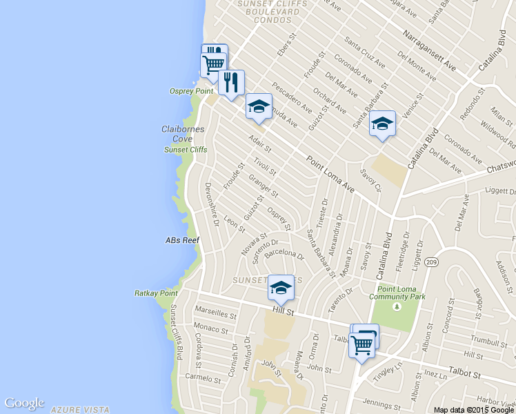 map of restaurants, bars, coffee shops, grocery stores, and more near 4491 Osprey Street in San Diego