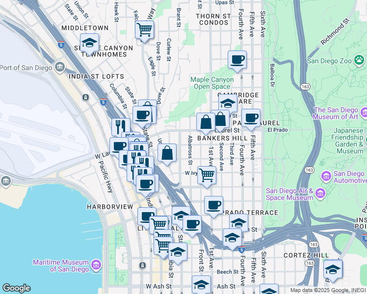 map of restaurants, bars, coffee shops, grocery stores, and more near 2371 Brant Street in San Diego