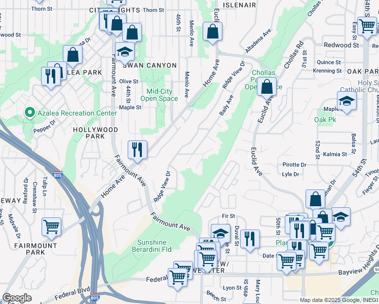 map of restaurants, bars, coffee shops, grocery stores, and more near 4646 Wendell Street in San Diego