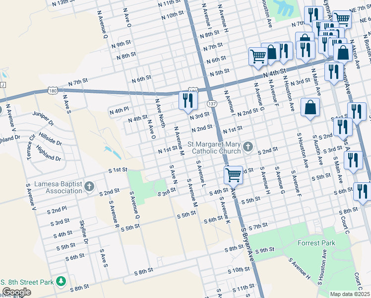 map of restaurants, bars, coffee shops, grocery stores, and more near 112 North Avenue M in Lamesa