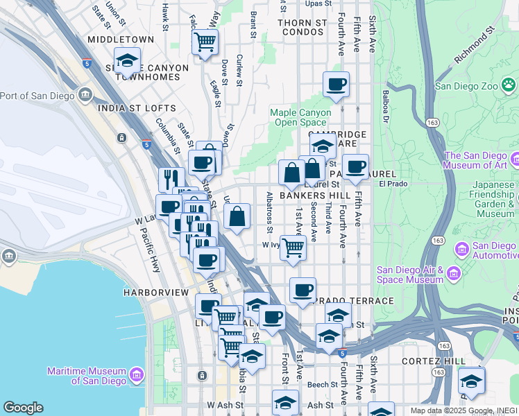 map of restaurants, bars, coffee shops, grocery stores, and more near 2371 Brant Street in San Diego
