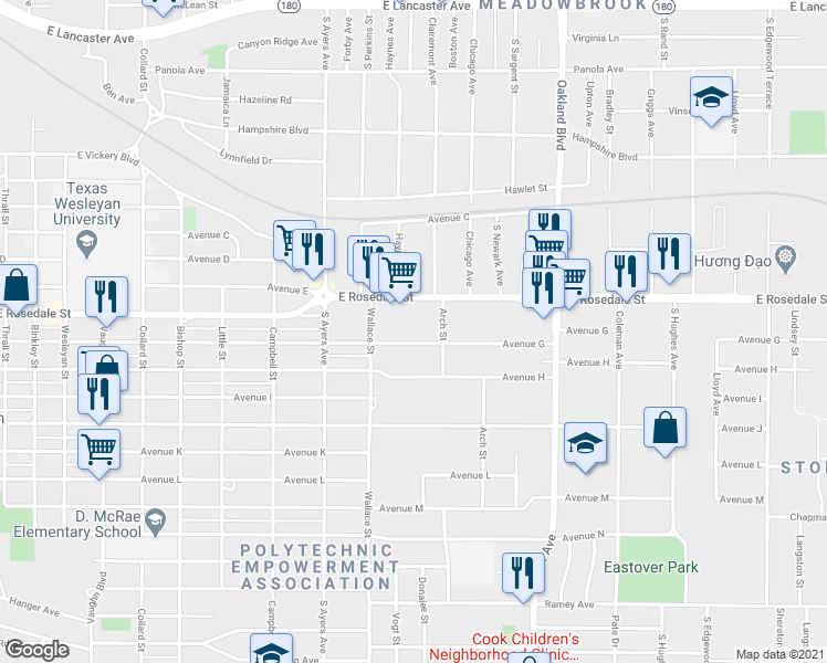map of restaurants, bars, coffee shops, grocery stores, and more near 3901 Avenue G in Fort Worth