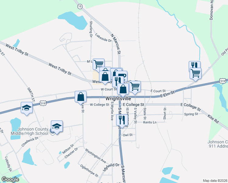map of restaurants, bars, coffee shops, grocery stores, and more near 606 West Court Street in Wrightsville