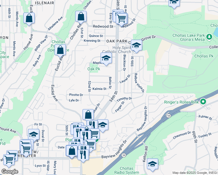 map of restaurants, bars, coffee shops, grocery stores, and more near 5344 Kalmia Street in San Diego