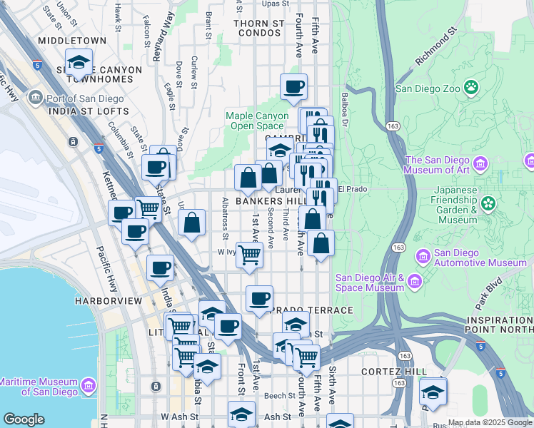 map of restaurants, bars, coffee shops, grocery stores, and more near in San Diego