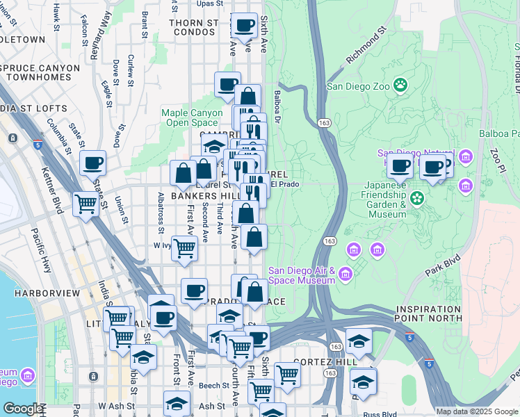map of restaurants, bars, coffee shops, grocery stores, and more near 2350 Sixth Avenue in San Diego