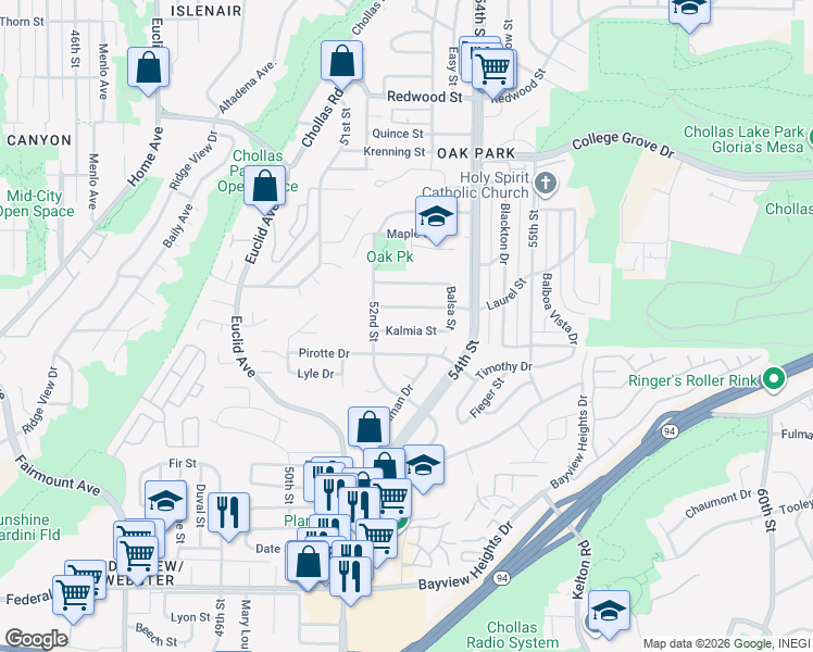 map of restaurants, bars, coffee shops, grocery stores, and more near 5252 Kalmia Street in San Diego