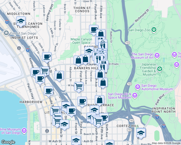 map of restaurants, bars, coffee shops, grocery stores, and more near in San Diego