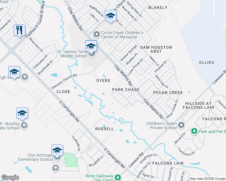 map of restaurants, bars, coffee shops, grocery stores, and more near 3001 Sandhurst Drive in Mesquite