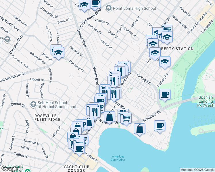 map of restaurants, bars, coffee shops, grocery stores, and more near 1762 Locust Street in San Diego