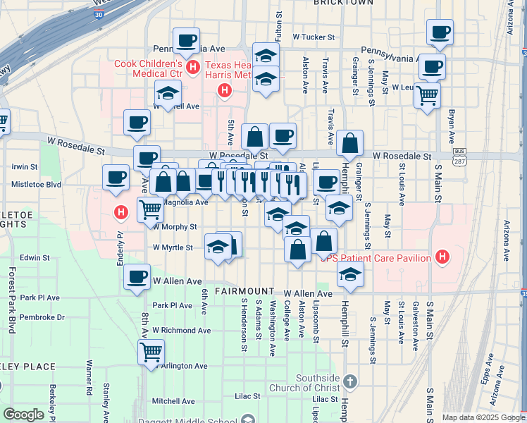 map of restaurants, bars, coffee shops, grocery stores, and more near in Fort Worth