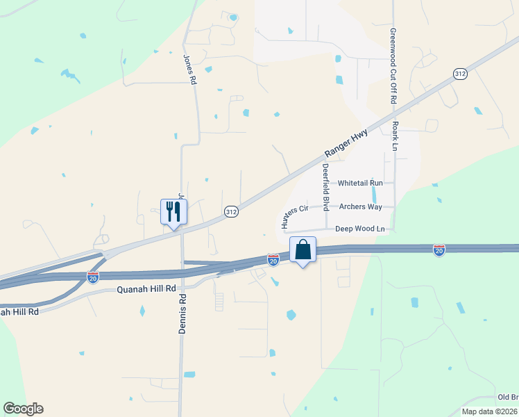 map of restaurants, bars, coffee shops, grocery stores, and more near 2917 Ranger Highway in Weatherford