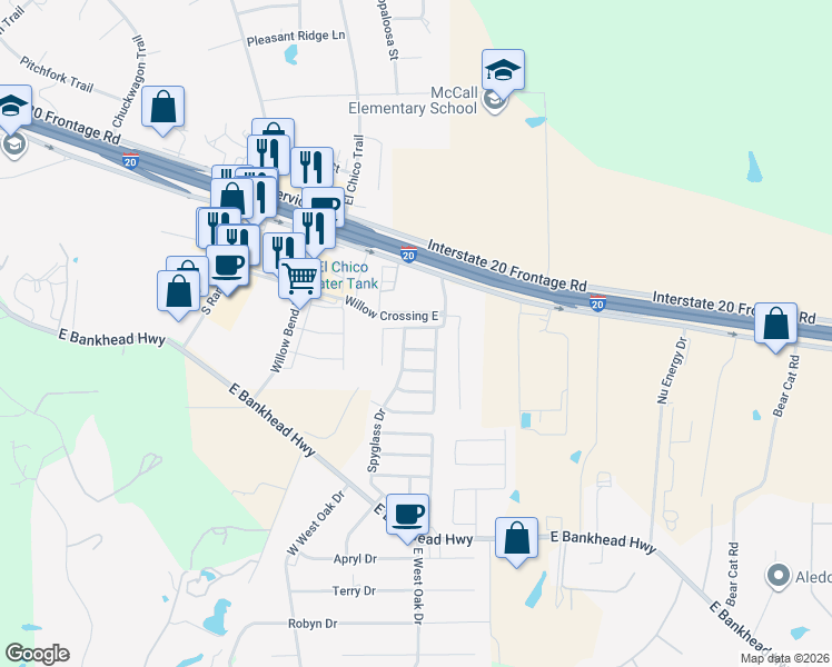 map of restaurants, bars, coffee shops, grocery stores, and more near 207 Bay Hill Drive in Willow Park