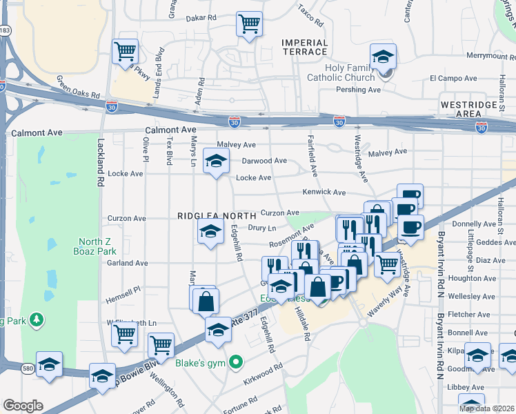 map of restaurants, bars, coffee shops, grocery stores, and more near 6428 Curzon Avenue in Fort Worth