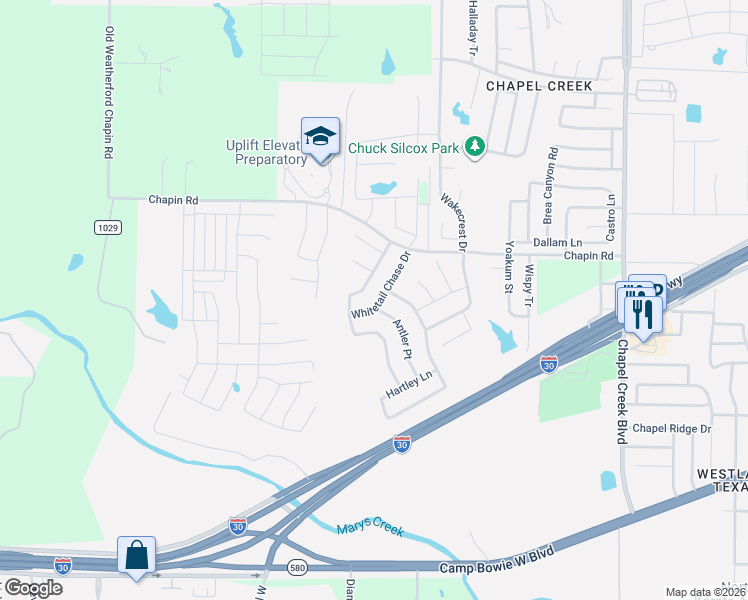 map of restaurants, bars, coffee shops, grocery stores, and more near 3032 Whitetail Chase Drive in Fort Worth