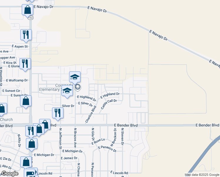 map of restaurants, bars, coffee shops, grocery stores, and more near 1715 East Albertson Drive in Hobbs