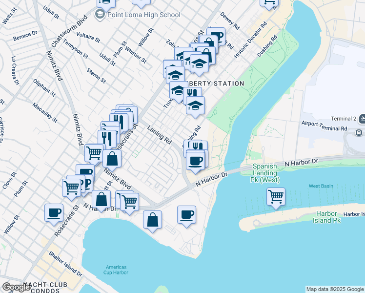 map of restaurants, bars, coffee shops, grocery stores, and more near 2702 Laning Road in San Diego